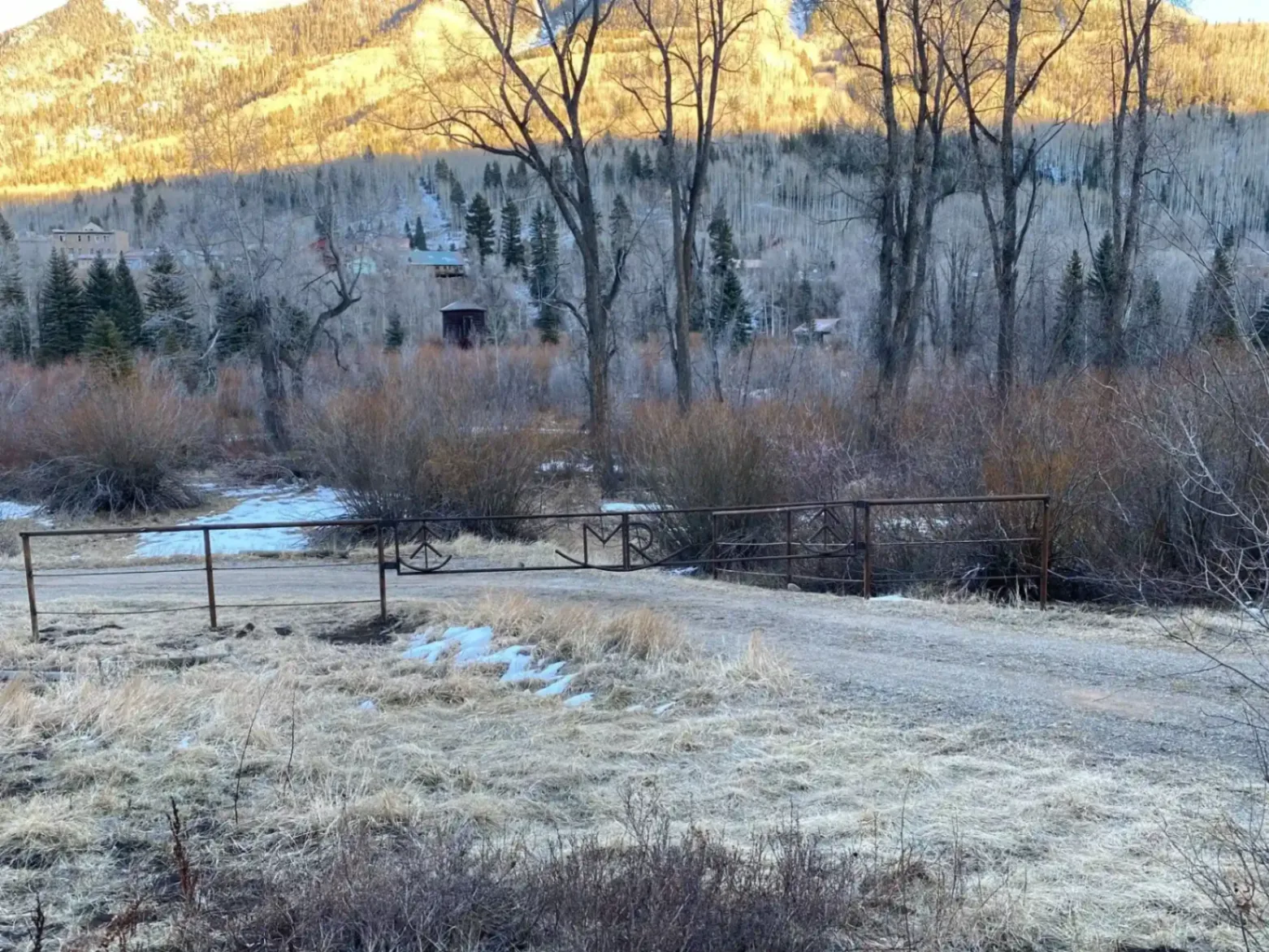 Decorative metal railing with geometric pattern overlooking winter landscape